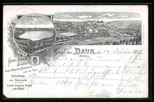 Lithographie Daun /Eifel, Gesamtansicht, Weinfelder Maar, Wappen