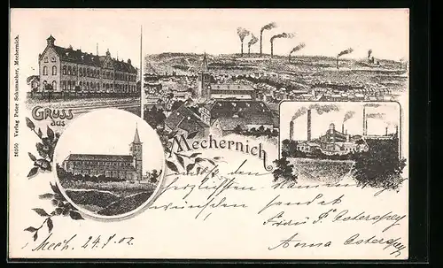 Lithographie Mechernich, Teilansicht aus der Vogelschau, Kirche