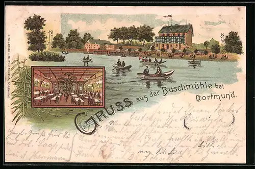 Lithographie Dortmund, Gasthaus Buschmühle mit Ruderpartie und Saal