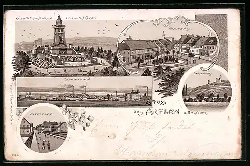 Lithographie Artern, Ortspartie am Bismarckplatz, Industrie-Viertel, Wasserstrasse