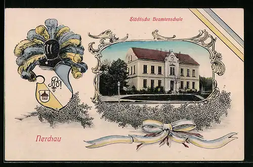 Passepartout-AK Nerchau, Städtische Beamtenschule, Wappen