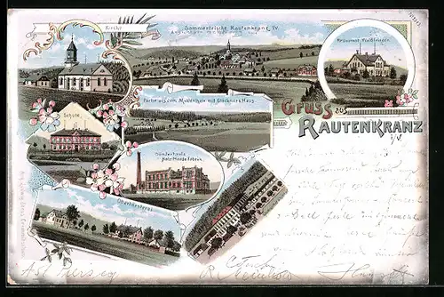 Lithographie Rautenkranz i. V., Gesamtansicht, Restaurant Waldfrieden, Sünderhaufs Holz-Pferde-Fabrik