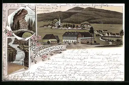 Lithographie Hammerbrücke, Ortsansicht mit Weidlichs Gasthaus, Riss-Wasserfall