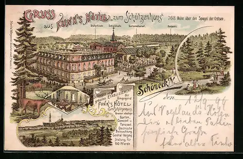 Lithographie Schöneck i. V., Funks Hotel zum Schützenhaus aus der Vogelschau, Ortsansicht