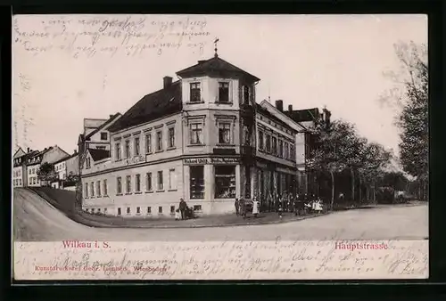 Relief-AK Wilkau i. S., Hauptstrasse mit Buch- und Papierhandlung Uhlig