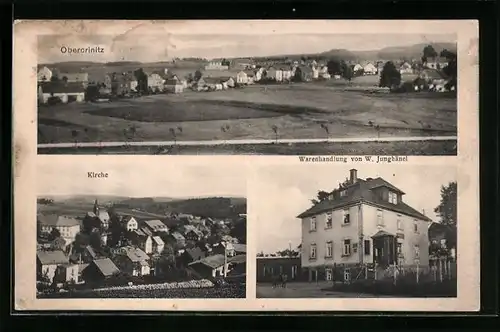 AK Obercrinitz, Ortspanorama, Teilansicht mit Kirche, Handlung W. Junghänel