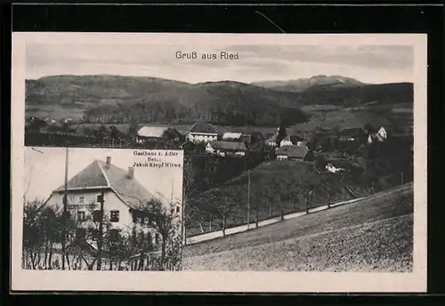 AK Ried, Ortsansicht aus der Vogelschau, Gasthaus zum Adler Jakob Kropf Witwe