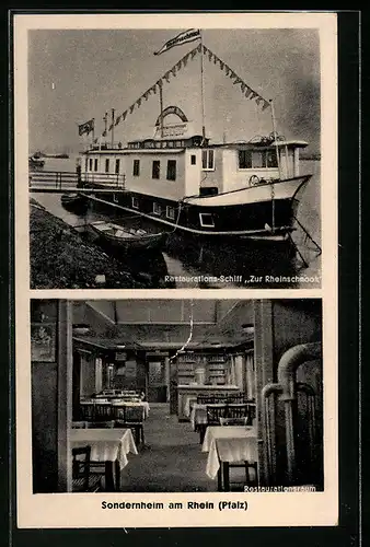 AK Sonderheim am Rhein /Pfalz, Restaurant-Schiff Zur Rheinschnook, Innenansicht Restaurant