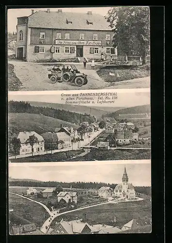AK Tannenbergsthal, Gasthaus Im Krug zum alten Forsthaus, Ortspartie mit Kirche, Strassenpartie
