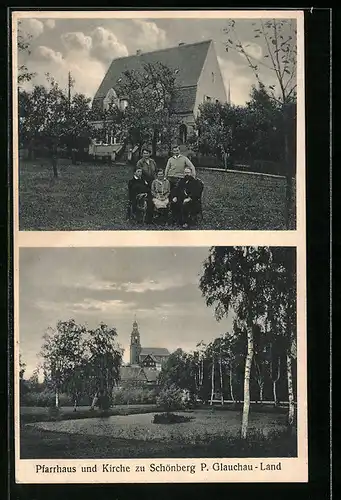 AK Köthel, Ausstellung Kriegsnot und Nachkriegszeit 1930, Pfarrhaus und Kirche zu Schönberg P. Glauchau-Land