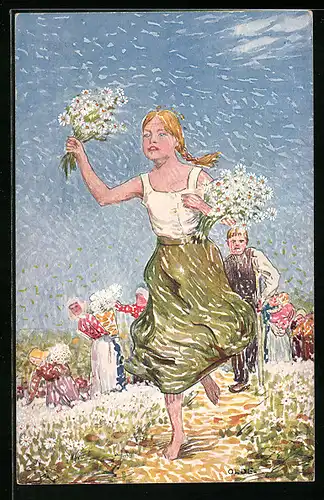 Künstler-AK Zwickau, Zwickauer Margaretentag, Frau mit Gänseblumen