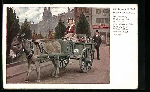 AK Köln, Poller Milchmädchen mit Eselsgespann