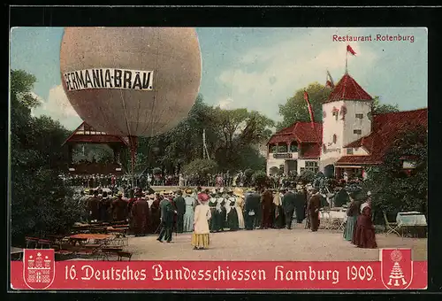 AK Hamburg, 16. Deutsches Bundesschiessen 1900, Schützenfest, Ballon Germania-Bräu, Restaurant Rotenburg