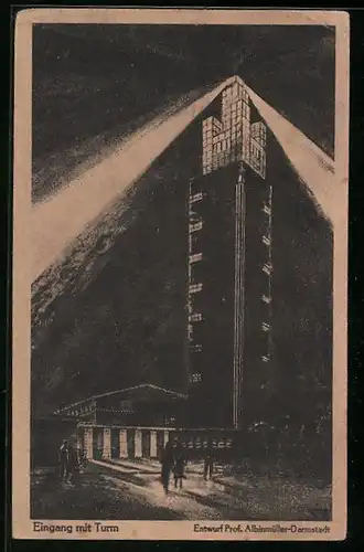 Künstler-AK Magdeburg, Deutsche Theater-Ausstellung 1927, Eingang mit Turm, Bauhaus
