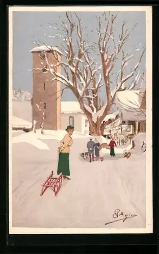 Künstler-AK Carlo Pellegrini: Frau mit Schlitten im Schnee
