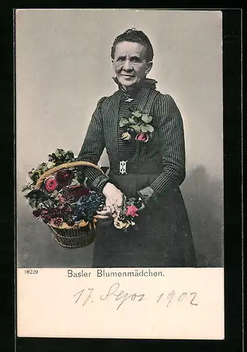 AK Basel, Basler Blumenmädchen mit Korb voller Blüten