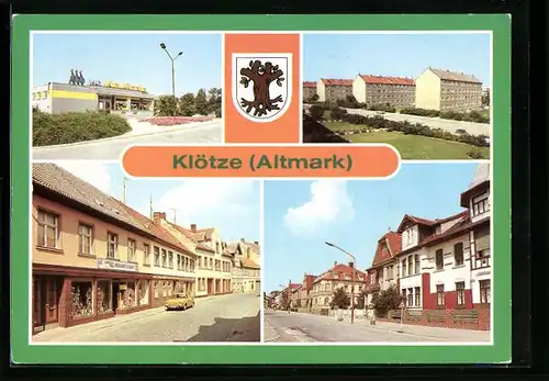 AK Klötze /Altmark, HO-Kaufhalle, Oebisfelder Strasse, Neubauten am Hegefeld