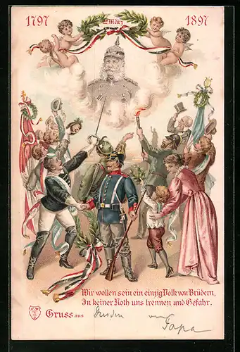 Lithographie Preussisches Volk schaut empor zum Portrait Kaiser Wilhelms I., 100 jähriges Jubiläum