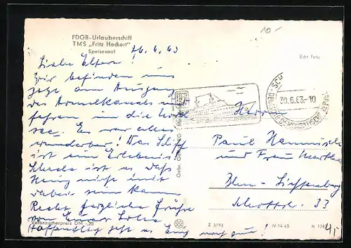 AK FDGB-Urlauberschiff TMS Fritz Heckert, Innenansicht Speisesaal