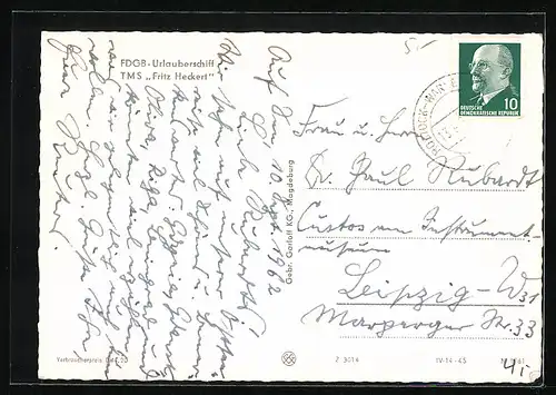 AK FDGB-Urlauberschiff TMS Fritz Heckert auf hoher See