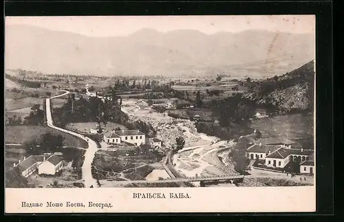 AK Vranjska Banja, Ortsansicht mit Brücke aus der Vogelschau