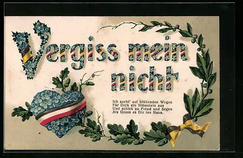 Präge-AK Schriftzug Vergiss mein nicht aus Blumen