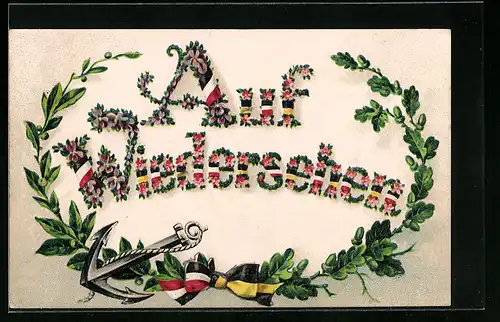 Präge-AK Schriftzug Auf Wiedersehen aus Blumen