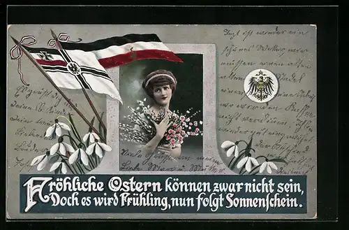 AK Frau mit Blumen und Fahnen, Ostergruss