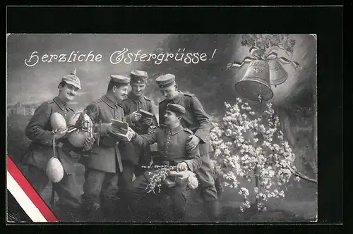 AK Soldaten mit Ostereiern und Päckchen, Glocken, Ostergruss