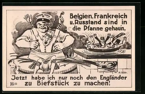 Künstler-AK Belgien, Frankreich u. Russland sind in die Pfanne gehaun, Deutscher Koch zerhackt Engländer