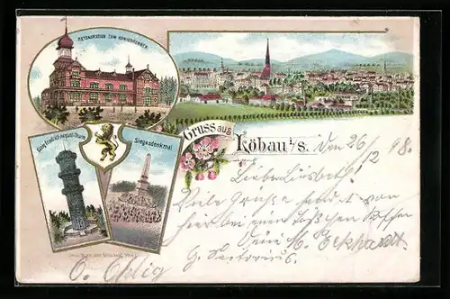 Lithographie Löbau i. S., Ortsansicht, Restauration zum Honigbrunnen, Siegesdenkmal