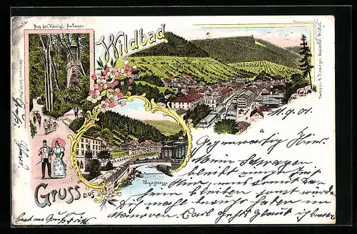 Lithographie Wildbad, An der Olgastrasse, Flaneure in den Königl. Anlagen