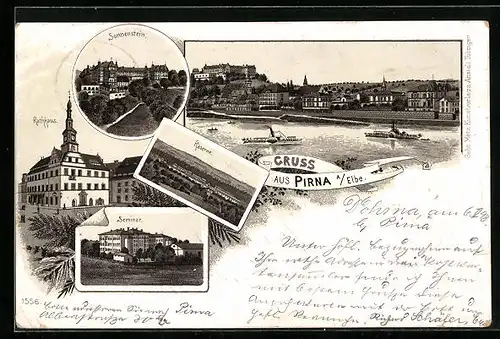 Lithographie Pirna a. Elbe, Ortsansicht, Sonnenstein, Rathaus, Seminar, Kaserne