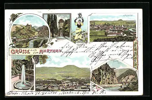 Lithographie Altenahr, Ortsansicht, Bunte Kuh, Ansichten aus dem Ahrtal