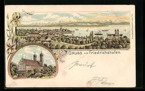 Lithographie Friedrichshafen, Ortsansicht, Schloss