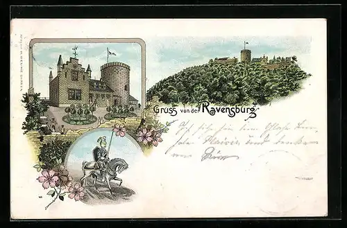 Lithographie Ravensburg, Blick auf die Burg, Ritter zu Pferd
