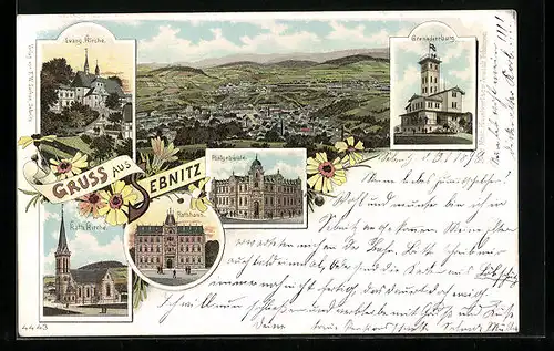 Lithographie Sebnitz, Ortsansicht, Evang. Kirche, Grenadierburg, Kath. Kirche, Rathaus, Postgebäude