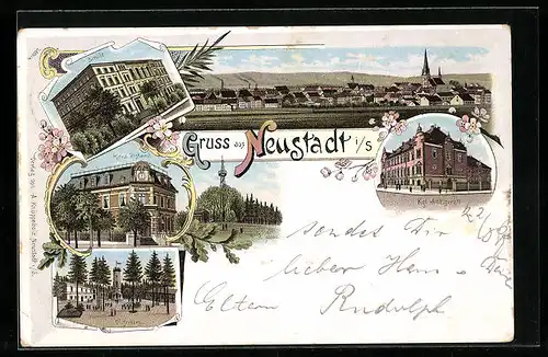 Lithographie Neustadt i. S., Ortsansicht, Schule, Kais. Postamt, Kgl. Amtsgericht