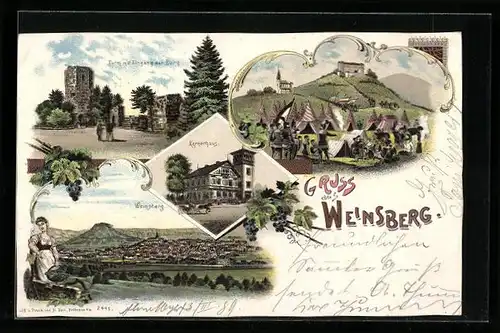 Lithographie Weinsberg, Turm mit Eingang der Burg, Kernerhaus, Ortsansicht