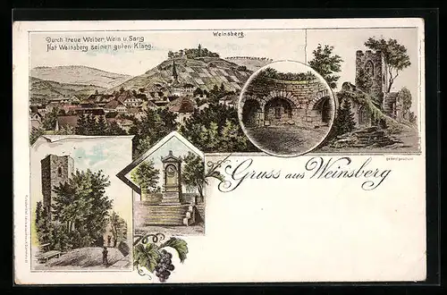 Lithographie Weinsberg, Ortsansicht, Burg, Denkmal