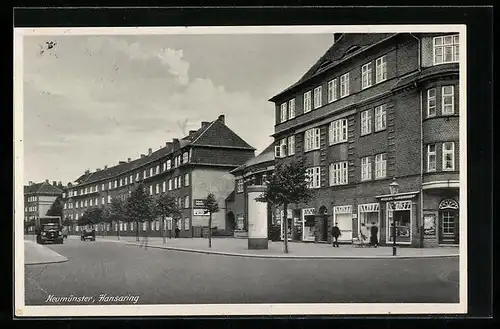 AK Neumünster, Strasse Hansaring mit Litfasssäule