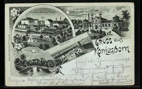 Mondschein-Lithographie Königsborn, Badehaus, Kurgarten, Kurhaus und Theater