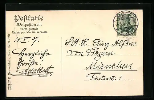 AK Familie der Prinzessin Isabella v. Bayern, Autograph Adalbert, adressiert an Prinz Alfons von Bayern