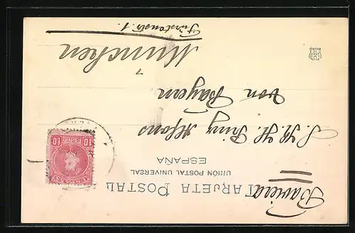 AK Familie der Prinzessin Isabella von Bayern, Autograph von Adalbert, an Prinz Alfons von Bayern, Madrid