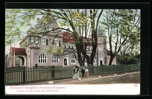 AK Berlin-Grunewald, Restaurant Königliches Forsthaus Paulsborn mit Strasse