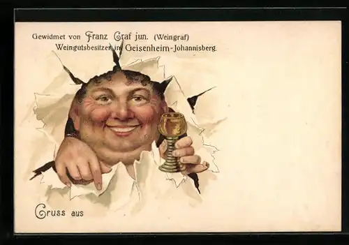 Lithographie Geisenheim-Johannisberg, Weintrinker mit Römerglas