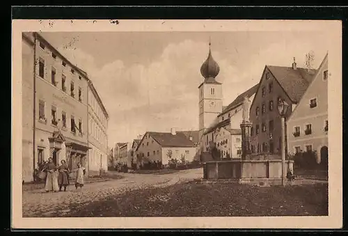 AK Ruhmannsfelden /Bay., Ortspartie mit Brunen und Kirche