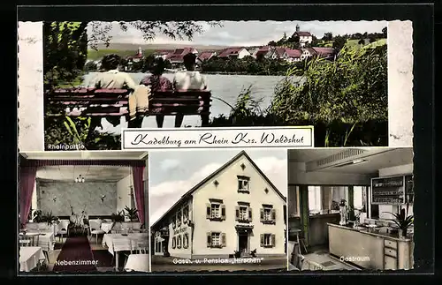 AK Kadelburg /Rh. bei Waldshut, Rheinpartei mit Ortspanorama, Gasthaus-Pension Hirschen
