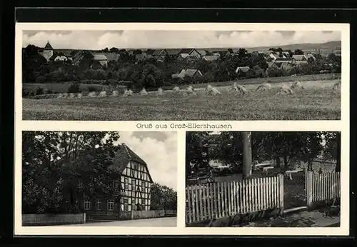 AK Gross-Ellershausen, Ortspanorama, Gasthaus mit Garten