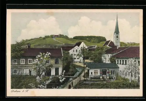 AK Aschau am Inn, Teilansicht mit Kirche und Umgebung